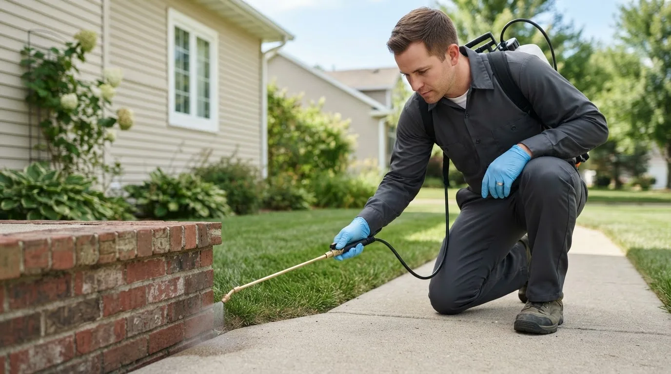 Pest control technician treating a home near Normal, IL