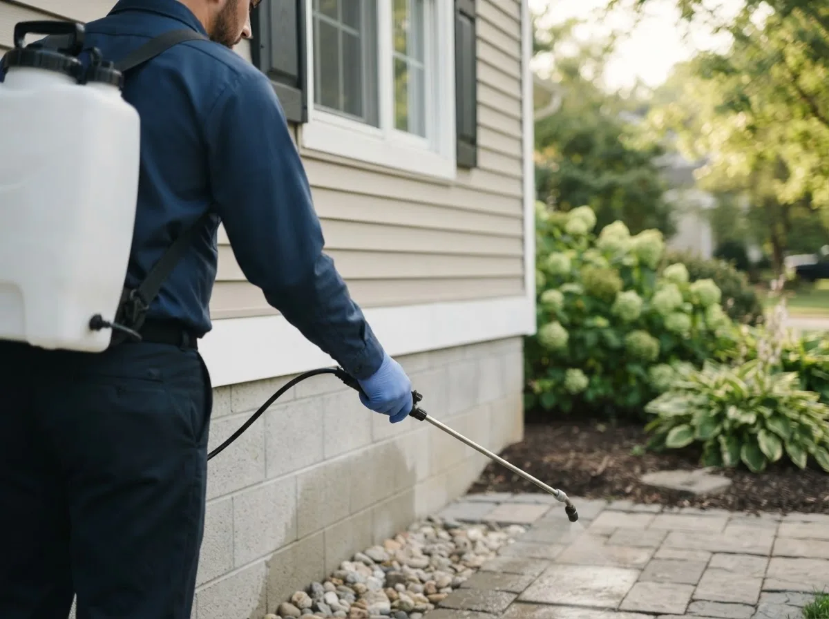 Pest control technician inspecting a home in Normal, IL